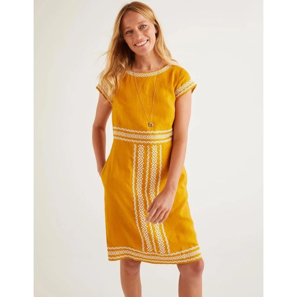 Boden Laura Linen Embroidered Mustard Yellow Linen Shift Dress US 8R